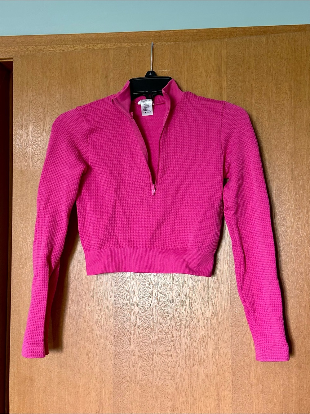Women’s Half-Zip Stretchy Waffle Knit Cropped Athletic Sweater - Hot Pink - Picture 4 of 5